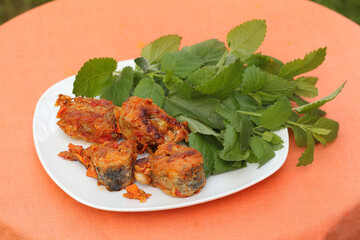 Pike with vegetables and mint sauce on orange background