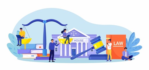 Obraz na płótnie Canvas Law and justice concept. Justice scales, supreme court building and judge gavel. Crime courthouse advocate, lawyer consulting to client. Legal advice online, remote. Vector design