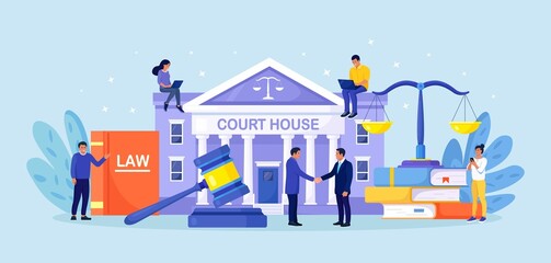 Law and justice concept. Justice scales, supreme court building and judge gavel. Crime courthouse advocate, lawyer consulting to client. Legal advice online, remote. Vector design