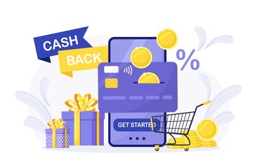 Cash back loyalty program, bonus. Pile of coins, credit card and mobile phone with button get started cashback. Saving money. Refund money service app on smartphone screen. Online banking. Vector
