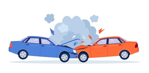 Car crash on the road. Red and blue cars are broken in the city. Road traffic accident. Smashed cars on highway. Collision of vehicles. Automobiles damaged. Vector design