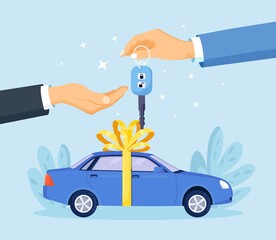 Buying or renting new or used car. Auto dealer giving key to buyer. Vehicle rental, sale or leasing concept. Vector design