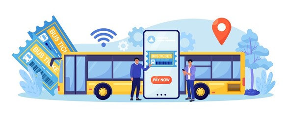 Internet service for book and buy bus ticket. Travel and tourism concept. Tourist planning trip online. Passengers buying tickets for bus in mobile app. Vector design