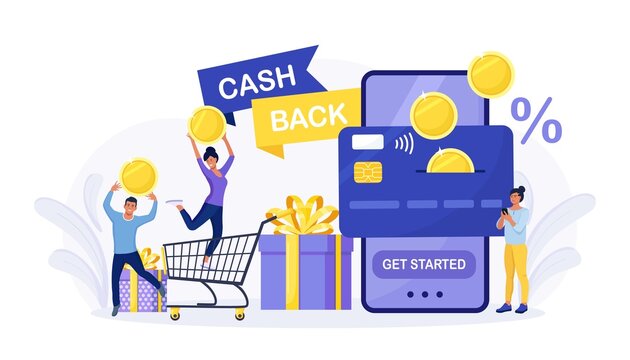 Online Cash Back Or Money Refund Concept. Happy People Receiving Cashback For Shopping. Big Phone With Button Get Started The Cashback. Saving Money, Get Vouchers And Discounts, Reward Program. Vector