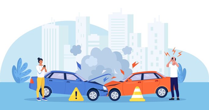 Upset drivers standing near crashed cars. Road traffic accident. Car crash on the road. Vehicle is broken in the city. Smashed auto on highway. Collision of vehicles, wreck. Automobile damaged. Vector