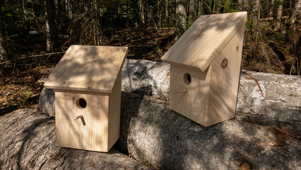 Authentic natural pine wood bird houses.