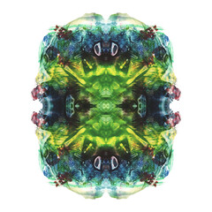 Isolated on white blue, green and yellow watercolor painted kaleidoscopic canvas on white paper. Fine abstract multicolor symmetric painting. Symmetrical artistic multicolored background. Bright color