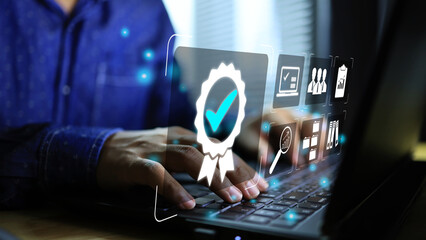 businessman working with the sign of certificate service Quality assurance Guarantee regulation ISO...