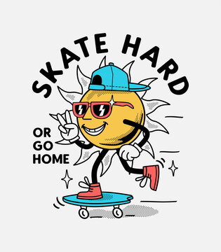 A cartoon sun character skateboarding. Vector design for t-shirt prints, posters and other uses.