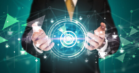 Businessman holdig business icons concept