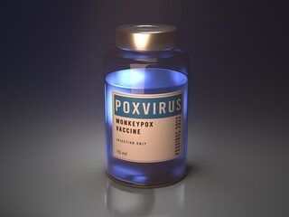 Monkeypox pox poxvirus vaccine glass bottle. One single dose bottle in cinematic dramatic light. Dark background with reflection. 3D illustration.