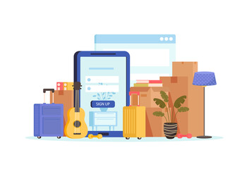 Home moving and relocation set. Website, tablet, suitcases, loaders, cardboard boxes, plants, assembling furniture. Moving and delivery company services. Vector illustration