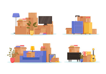 Home moving and relocation set. Website, tablet, suitcases, loaders, cardboard boxes, sofa, tv, plants, assembling furniture. Moving and delivery company services. Vector illustration