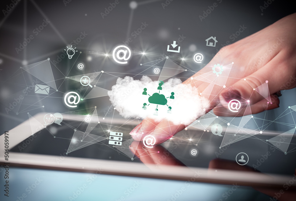 Poster close-up of a touchscreen with technology icons