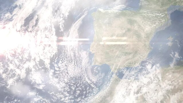 Earth zoom in from outer space to city. Zooming on Almada, Portugal. The animation continues by zoom out through clouds and atmosphere into space. Images from NASA