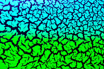 Cracked surface with blue-green paint on a black background, the effect of craquelure paint. Bright texture of antique design in color.