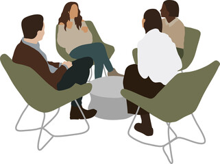 Four office workers are sitting at the negotiating table on whole chairs