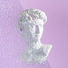 Retro poster David gypsum Michelangelo bust and corrugated glass with mosaics and crystals. Vaporwave minimal creative concept.