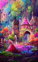 Mystical and magical background. Forest scenery with stone stairs, rocks and castle. Portrait illustration.