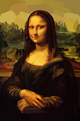 Mona Lisa "La Joconde". Digital reproduction of Leonardo Da Vinci painting in Low Poly style. Conceptual Polygonal  Illustration.