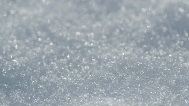 Snow background on a sunny day. Snow crystals glisten in sunlight. Pan.
