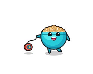 cartoon of cute cereal bowl playing a yoyo