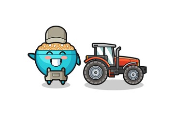 the cereal bowl farmer mascot standing beside a tractor