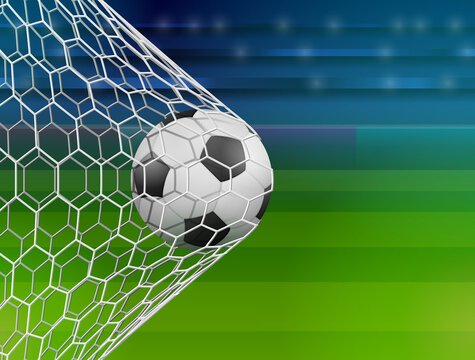Soccer ball in goal net, side view. Goal moment of football match against stadium. Vector illustration for soccer, sport game, football, championship, gameplay, etc