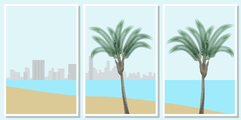 Frames with palm trees by the sea and a city in the distance on the horizon, - for wall framed prints, canvas prints, poster, home decor 
