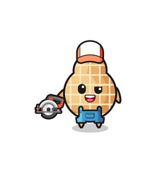 the woodworker peanut mascot holding a circular saw