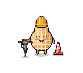 road worker mascot of peanut holding drill machine