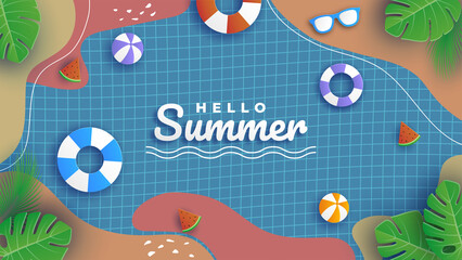 Summer bright greeting banner. summer sweet symbol - watermelon, balls and tropical leaves on colorful geometric background. Vector Illustration.