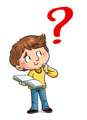illustration of boy with book and question mark symbol - 506065724