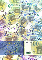 Textured illustration, book cover. Randomly scattered European paper money. 100 euro banknotes. EU flag