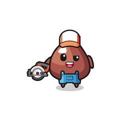 the woodworker choco chip mascot holding a circular saw