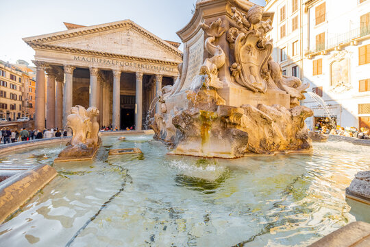 Morning view on famous Pantheon, Roman temple with fountain and Macuteo obelisc in Rome. Visiting italian sightseeings. Idea of travel Italy