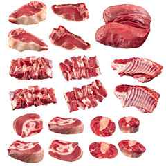 Collage of isolated raw beef meat pieces on the white background