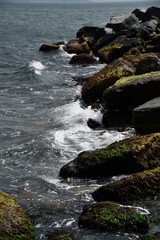 Fototapeta na wymiar The coast of the sea bay with large stones. The waves crash on the rocks.