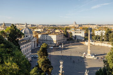 Cityscape of Rome city on a sunny morning. Top view on Piazza del Popolo from Borghese park. Skyline of italian city