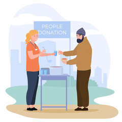 Woman volunteer helping homeless man giving hot soup and water vector flat illustration