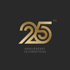 25 years anniversary logo design on black background for celebration event. 25th celebration emblem.