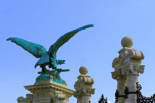 The bronze statue of the mythological Turul bird near the entrance of Buda Castle in Budapest, Hungary. This monument made by Gyula Donath in 1906. It is one of the symbols of Budapest