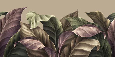 Vintage tropical green brown leaves, beige background, golden texture. Luxury mural, premium wallpaper. 3d painting illustration, watercolor design. Seamless border. Stylish cloth, paper, packaging  © alenarbuz