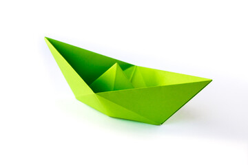 Green paper boat origami isolated on a white background