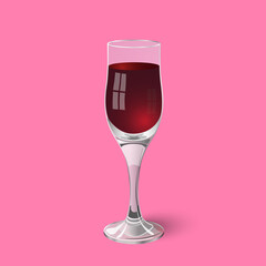 Vector wine glass with red wine isolated on rosy background