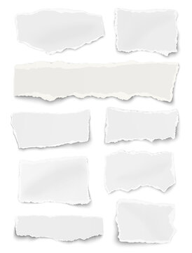 Vertical set of paper different shapes ripped scraps fragments wisps isolated on white background. Paper collage. Vector illustration.