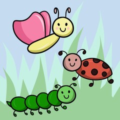 Funny cartoon insects in a green clearing, vector illustration,