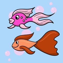 Set of Cute red and pink aquarium fish with a big tail, vector cartoon illustration