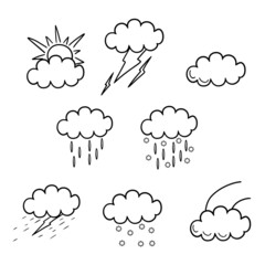 Black and white monochrome illustration, a set of weather conditions with clouds