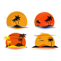 Island, sunset, palm trees. Logo, emblem. Vector set